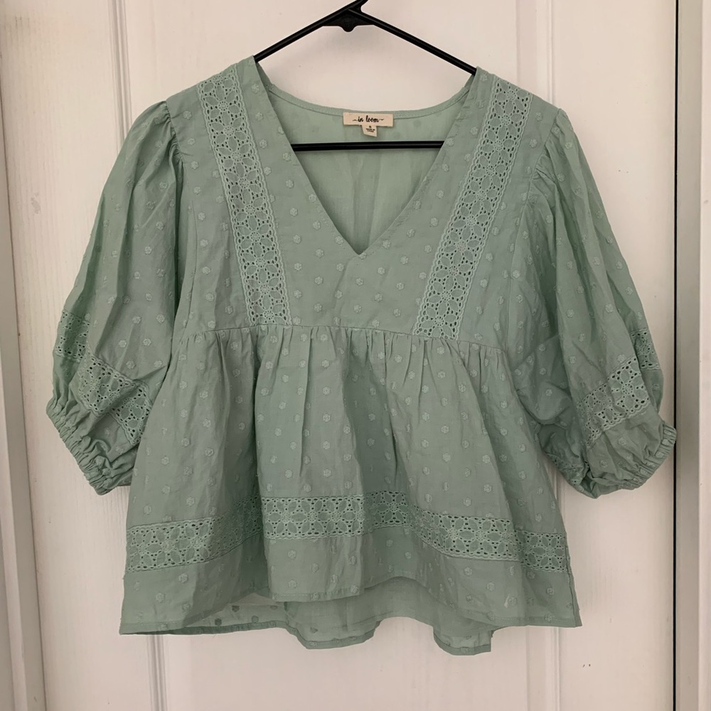 Sea foam green balloon half sleeve embroidered shirt